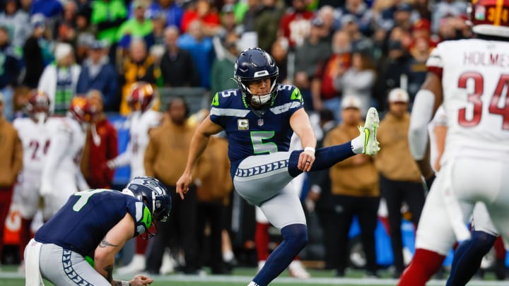 Nov 12, 2023; Seattle, Washington, USA; Seattle Seahawks place kicker Jason Myers (5) kicks a field goal against the Washington Commanders during the second quarter at Lumen Field. Mandatory Credit: Joe Nicholson-USA TODAY Sports