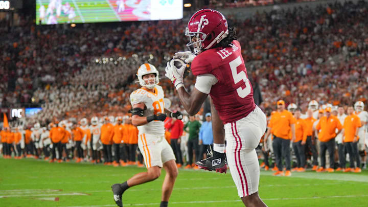 Alabama defensive back Dijon Lee Jr. (5) intercepts a Tennessee pass on a 2-point conversion during a college football game at Bryant-Denny Stadium in Tuscaloosa, Ala., on Oct. 18, 2025. Alabama defensive back Dijon Lee Jr. (5) intercepts a Tennessee pass on a 2-point conversion during a college football game at Bryant-Denny Stadium in Tuscaloosa, Ala., on Oct. 18, 2025.