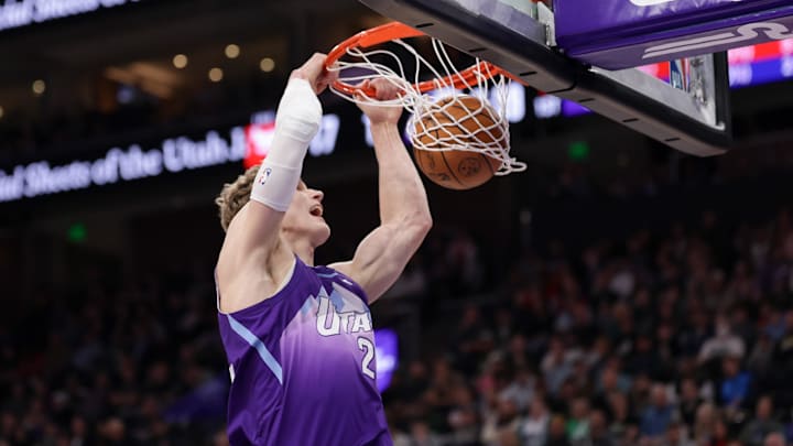 Mar 17, 2025; Salt Lake City, Utah, USA;  Utah Jazz forward Lauri Markkanen (23) dunks the ball during the first quarter against the Chicago Bulls at Delta Center. Mandatory Credit: Chris Nicoll-Imagn Images