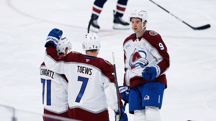Colorado Avalanche forward Jaden Schwartz (71) is congratulated by his team mates on his goal against the Winnipeg Jets Credit: Terrence Lee-Imagn Images Colorado Avalanche forward Jaden Schwartz (71) is congratulated by his team mates on his goal against the Winnipeg Jets Credit: Terrence Lee-Imagn Images