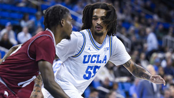 Nov 4, 2024; Los Angeles, California, USA; UCLA Bruins guard Skyy Clark (55) guards Rider Broncs guard Andre Young (12) during the first half at Pauley Pavilion presented by Wescom. Mandatory Credit: Robert Hanashiro-Imagn Images Nov 4, 2024; Los Angeles, California, USA; UCLA Bruins guard Skyy Clark (55) guards Rider Broncs guard Andre Young (12) during the first half at Pauley Pavilion presented by Wescom. Mandatory Credit: Robert Hanashiro-Imagn Images