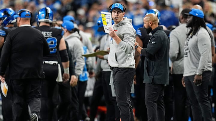 Detroit Lions offensive coordinator Ben Johnson reacts to a play against Buffalo Bills during the first half at Ford Field in Detroit on Sunday, Dec. 15, 2024.