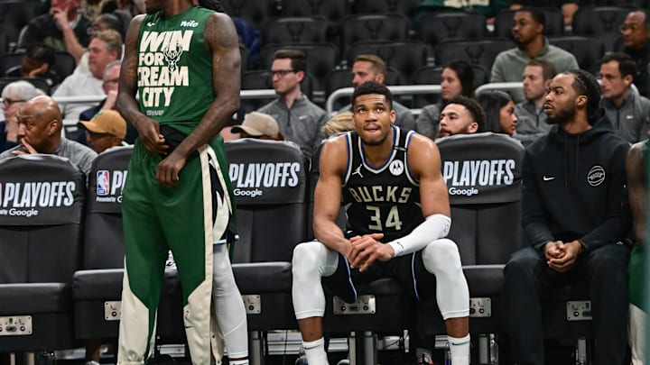 Apr 27, 2025; Milwaukee, Wisconsin, USA; Milwaukee Bucks forward Giannis Antetokounmpo (34) looks on in the final seconds of the game against the Indiana Pacers during game four of first round for the 2024 NBA Playoffs at Fiserv Forum. Mandatory Credit: Benny Sieu-Imagn Images