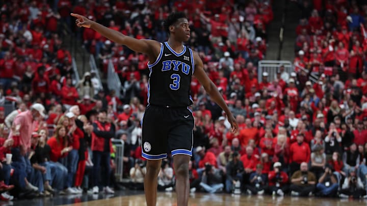 Jan 17, 2026; Lubbock, Texas, USA;  BYU Cougars forward AJ Dybantsa (3) gestures in the second half of the game against the Texas Tech Red Raiders at United Supermarkets Arena. Mandatory Credit: Michael C. Johnson-Imagn Images