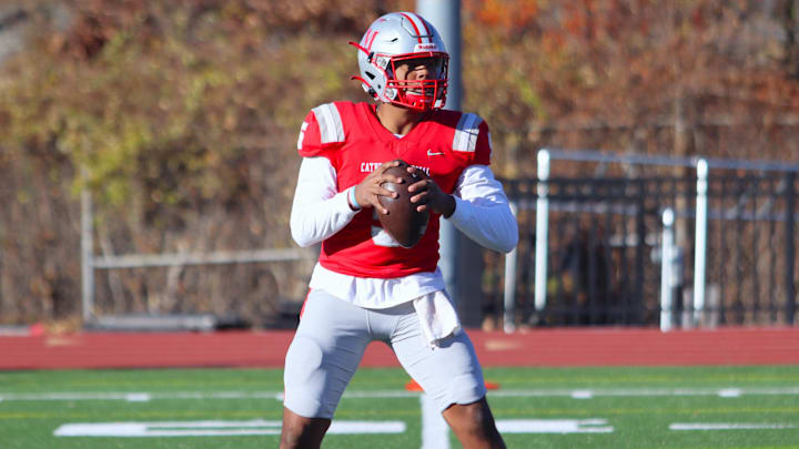 Catholic Memorial's Kise Flannery looks for an open receiver during an MIAA Division 2 Quarterfinal on Nov. 16, 2024. Catholic Memorial's Kise Flannery looks for an open receiver during an MIAA Division 2 Quarterfinal on Nov. 16, 2024.