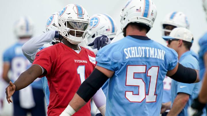 Tennessee Titans quarterback Cam Ward (1) greets center Austin Schlottmann (51) during OTAs at Vanderbilt Health Football Center in Nashville, Tenn., Thursday, June 11, 2026. Tennessee Titans quarterback Cam Ward (1) greets center Austin Schlottmann (51) during OTAs at Vanderbilt Health Football Center in Nashville, Tenn., Thursday, June 11, 2026.