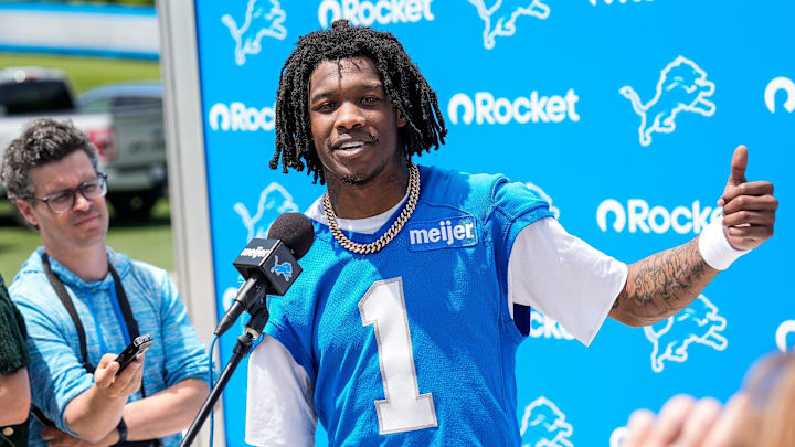 Detroit Lions wide receiver Jameson Williams answers a question after practice during OTAs at Meijer Performance Center in Allen Park on Friday, May 30, 2025.
