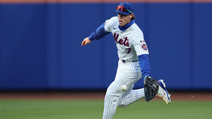 Apr 7, 2026; New York City, New York, USA; New York Mets third baseman Brett Baty (7) fields a ball during the ninth inning against the Arizona Diamondbacks at Citi Field. Mandatory Credit: Vincent Carchietta-Imagn Images Apr 7, 2026; New York City, New York, USA; New York Mets third baseman Brett Baty (7) fields a ball during the ninth inning against the Arizona Diamondbacks at Citi Field. Mandatory Credit: Vincent Carchietta-Imagn Images