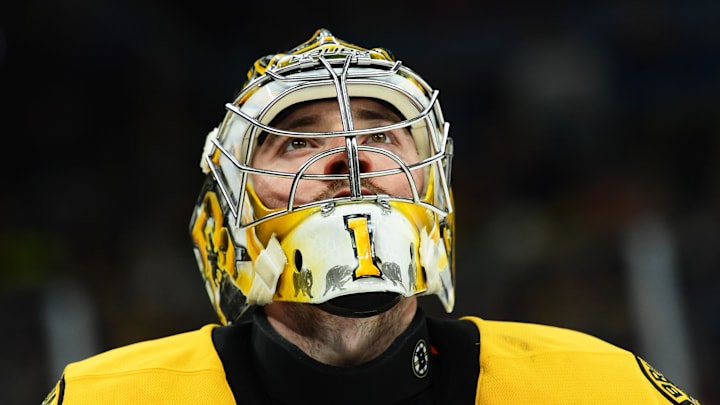 Apr 5, 2025; Boston, Massachusetts, USA; Boston Bruins goaltender Jeremy Swayman (1) during the second period against the Carolina Hurricanes at TD Garden. Mandatory Credit: Bob DeChiara-Imagn Images