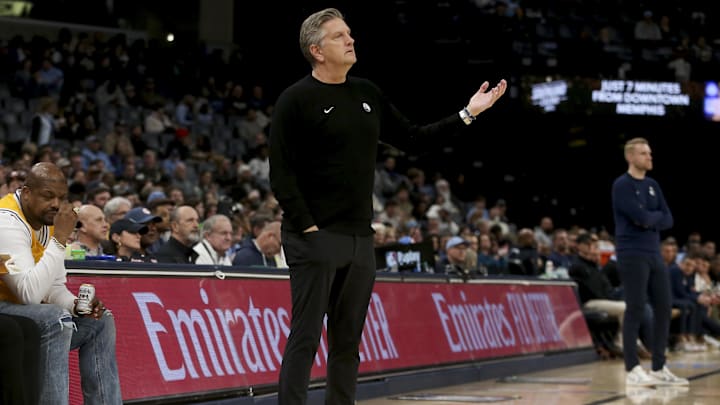 Feb 2, 2026; Memphis, Tennessee, USA; Minnesota Timberwolves head coach Chris Finch reacts during the third quarter against the Memphis Grizzlies at FedExForum. Mandatory Credit: Petre Thomas-Imagn Images