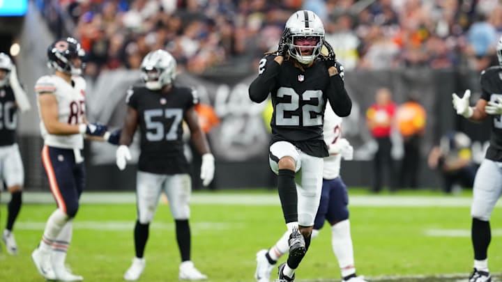 Sep 28, 2025; Paradise, Nevada, USA; Las Vegas Raiders cornerback Eric Stokes (22) celebrates during the second half against the Chicago Bears at Allegiant Stadium. Mandatory Credit: Stephen R. Sylvanie-Imagn Images