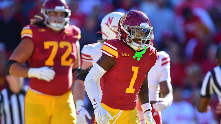 Nov 16, 2024; Los Angeles, California, USA; Southern California Trojans wide receiver Zachariah Branch (1) celebrates his touchdown scored against the Nebraska Cornhuskers during the first half at the Los Angeles Memorial Coliseum. Mandatory Credit: Gary A. Vasquez-Imagn Images