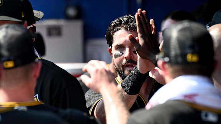 Mar 2, 2023; Dunedin, Florida, USA; Pittsburgh Pirates catcher Austin Hedges (18) celebrates with