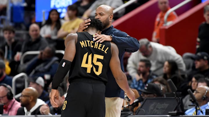 Nov 27, 2022; Detroit, Michigan, USA; Cleveland Cavaliers guard Donovan Mitchell (45) gets a hug Nov 27, 2022; Detroit, Michigan, USA; Cleveland Cavaliers guard Donovan Mitchell (45) gets a hug