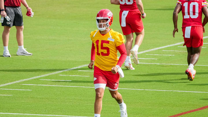 Jul 22, 2025; St. Joseph, MO, USA; Kansas City Chiefs quarterback Patrick Mahomes (15) on field during training camp at Missouri Western State University. Mandatory Credit: Denny Medley-Imagn Images Jul 22, 2025; St. Joseph, MO, USA; Kansas City Chiefs quarterback Patrick Mahomes (15) on field during training camp at Missouri Western State University. Mandatory Credit: Denny Medley-Imagn Images