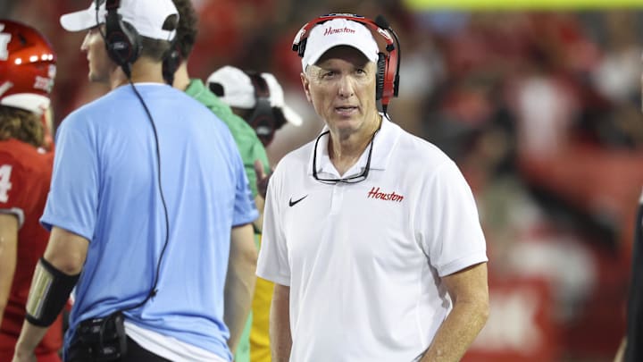 Houston Cougars head coach Willie Fritz walks on the sideline during the game against the Stephen F. Austin Lumberjacks.