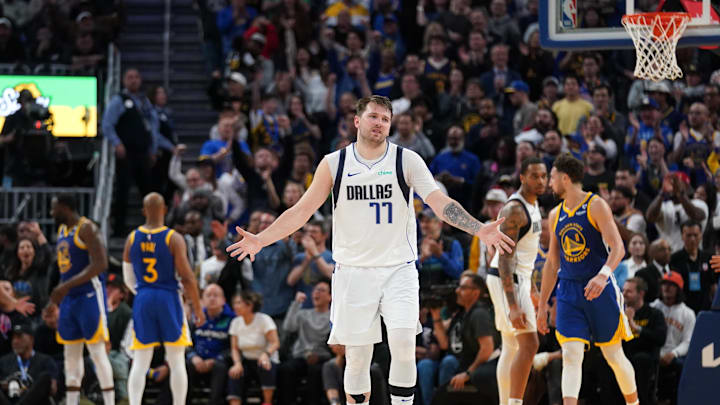 Apr 2, 2024; San Francisco, California, USA; Dallas Mavericks guard Luka Doncic (77) reacts after the Mavericks missed a three point attempt late in the fourth quarter against the Golden State Warriors at the Chase Center. Mandatory Credit: Cary Edmondson-Imagn Images