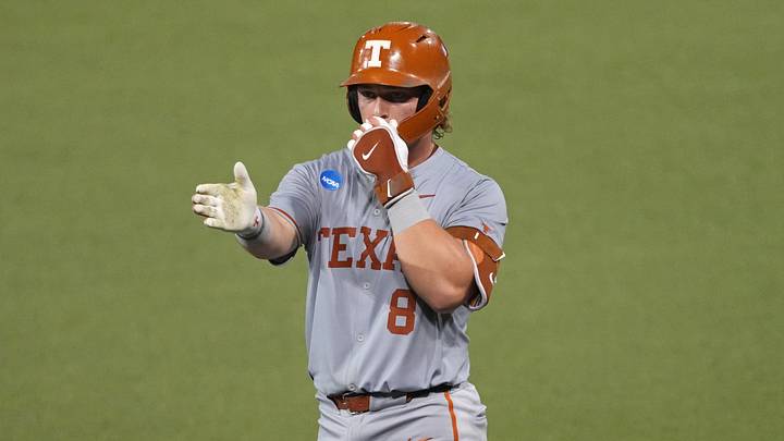 Jun 7, 2026; Austin, TX, USA; Texas Longhorns catcher Carson Tinney (8) reacts after hitting a single during the fifth inning of a Super Regional game against the Oregon Ducks at UFCU Disch-Falk field in Austin, Texas. Mandatory Credit: Scott Wachter-Imagn Images
