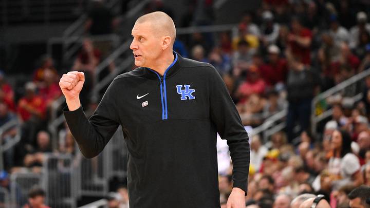 Mar 22, 2026; St. Louis, MO, USA; Kentucky Wildcats head coach Mark Pope reacts during the first half against the Iowa State Cyclones during a second round game of the men's 2026 NCAA Tournament at Enterprise Center. Mandatory Credit: Jeff Curry-Imagn Images