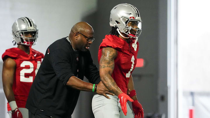 Mar 7, 2024; Columbus, OH, USA; Ohio State Buckeyes running backs coach Tony Alford works with
