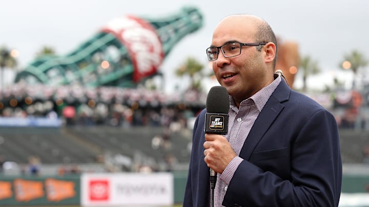 Apr 5, 2019; San Francisco, CA, USA; San Francisco Giants President of Baseball Operations Farhan Zaidi is interviewed on the field before the game between the San Francisco Giants and the Tampa Bay Rays at Oracle Park. Mandatory Credit: Darren Yamashita-Imagn Images Apr 5, 2019; San Francisco, CA, USA; San Francisco Giants President of Baseball Operations Farhan Zaidi is interviewed on the field before the game between the San Francisco Giants and the Tampa Bay Rays at Oracle Park. Mandatory Credit: Darren Yamashita-Imagn Images