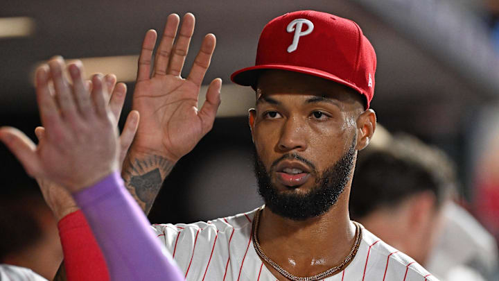 Philadelphia Phillies pitcher Cristopher Sánchez (61) in the dugout after pitching the seventh inning against the Miami Marlins at Citizens Bank Park. 