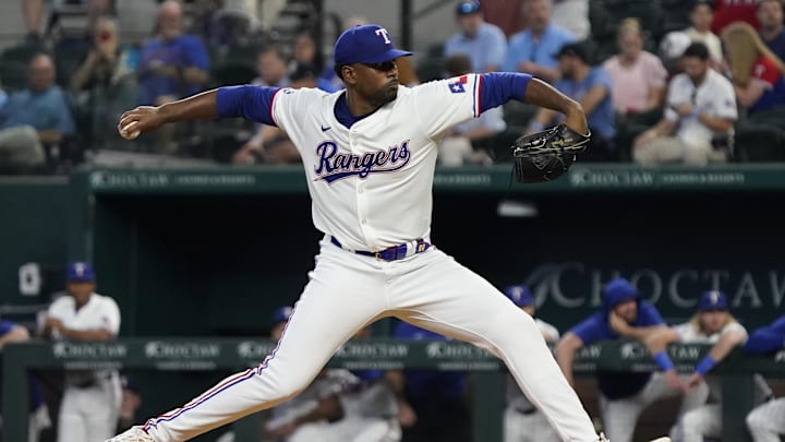 Texas Rangers pitcher Kumar Rocker (80) throws to the plate during the first inning against the Toronto Blue Jays at Globe Life Field in 2024.