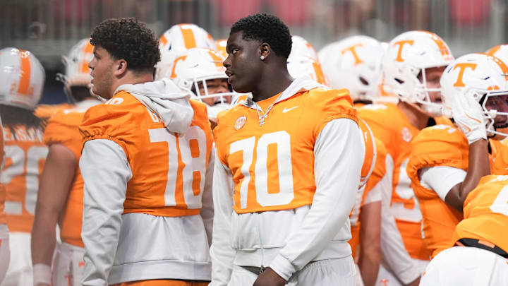 Tennessee offensive lineman David Sanders Jr. (70) on the sidelines during the Aflac Kickoff Game between the Volunteers and Syracuse held at Mercedes-Benz Stadium in Atlanta, Ga., on August 30, 2025.