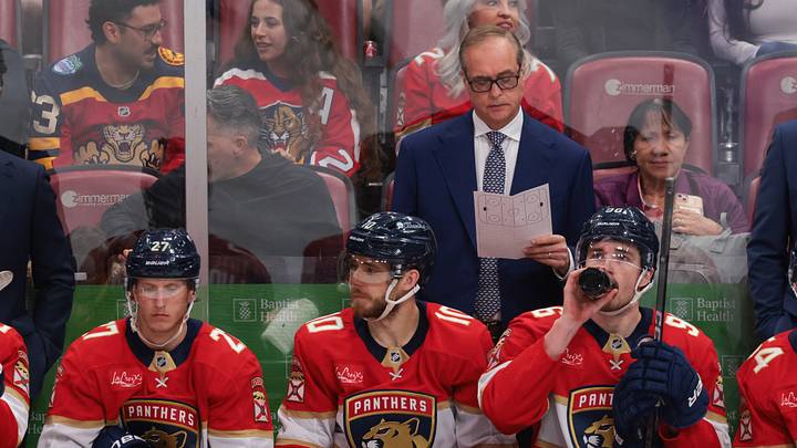 Apr 15, 2026; Sunrise, Florida, USA; Florida Panthers head coach Paul Maurice reads his notes from the bench against the Detroit Red Wings during the third period at Amerant Bank Arena. Mandatory Credit: Sam Navarro-Imagn Images Apr 15, 2026; Sunrise, Florida, USA; Florida Panthers head coach Paul Maurice reads his notes from the bench against the Detroit Red Wings during the third period at Amerant Bank Arena. Mandatory Credit: Sam Navarro-Imagn Images