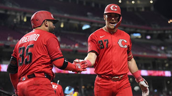 Sep 5, 2026; Cincinnati, Ohio, USA; Cincinnati Reds catcher Tyler Stephenson (37) high fives Jose Trevino (35) after hitting a solo home run against the Milwaukee Brewers during the sixth inning at Great American Ball Park. Mandatory Credit: Tanner Pearson-Imagn Images Sep 5, 2026; Cincinnati, Ohio, USA; Cincinnati Reds catcher Tyler Stephenson (37) high fives Jose Trevino (35) after hitting a solo home run against the Milwaukee Brewers during the sixth inning at Great American Ball Park. Mandatory Credit: Tanner Pearson-Imagn Images