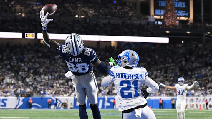 Dec 4, 2025; Detroit, Michigan, USA; Dallas Cowboys wide receiver CeeDee Lamb (88) attempts to make a catch against Detroit Lions cornerback Amik Robertson (21) during the second half at Ford Field. Mandatory Credit: Lon Horwedel-Imagn Images Dec 4, 2025; Detroit, Michigan, USA; Dallas Cowboys wide receiver CeeDee Lamb (88) attempts to make a catch against Detroit Lions cornerback Amik Robertson (21) during the second half at Ford Field. Mandatory Credit: Lon Horwedel-Imagn Images