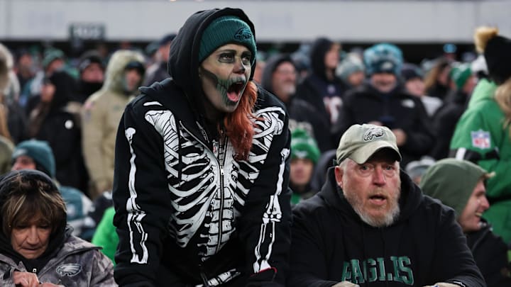 Nov 28, 2025; Philadelphia, Pennsylvania, USA; A fan watches action during the second half of the game between the Philadelphia Eagles and the Chicago Bears at Lincoln Financial Field. Mandatory Credit: Bill Streicher-Imagn Images