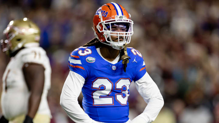 Florida Gators cornerback Jaydon Hill (23) gestures after a stop during the first half against the Florida State Seminoles at Steve Spurrier Field at Ben Hill Griffin Stadium in Gainesville, FL on Saturday, November 25, 2023. [Matt Pendleton/Gainesville Sun]