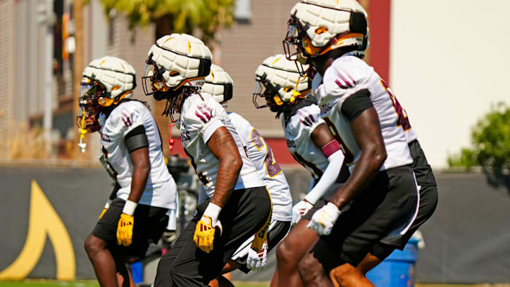 Arizona State defensive backs back peddle during the first day of fall practice in Tempe, Ariz. on July 30, 2025.