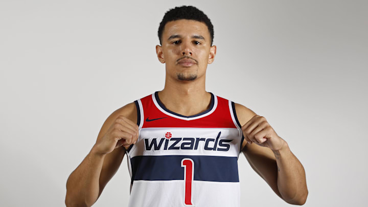Oct 2, 2023; Washington, DC, USA; Washington Wizards guard Johnny Davis (1) poses for a portrait during Wizards media day at Capital One Arena. Mandatory Credit: Geoff Burke-Imagn Images