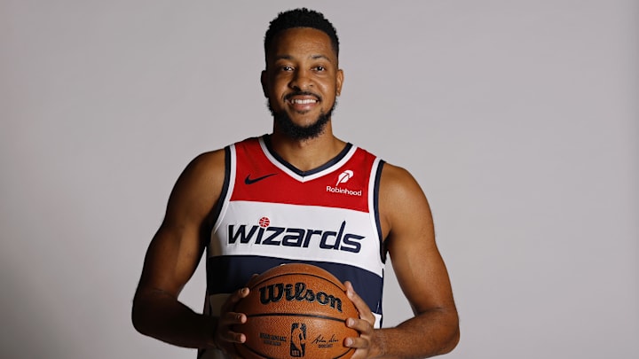Sep 29, 2025; Washington, DC, USA; Washington Wizards guard CJ McCollum (3) poses for a portrait during Wizards Media Day at CareFirst Arena.  Mandatory Credit: Geoff Burke-Imagn Images