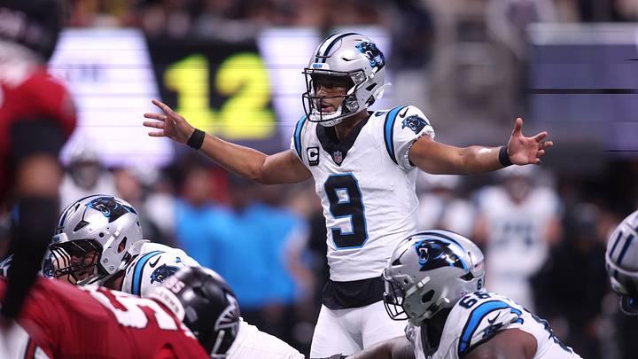Carolina Panthers quarterback Bryce Young (9) calls a play during the third quarter Carolina Panthers quarterback Bryce Young (9) calls a play during the third quarter
