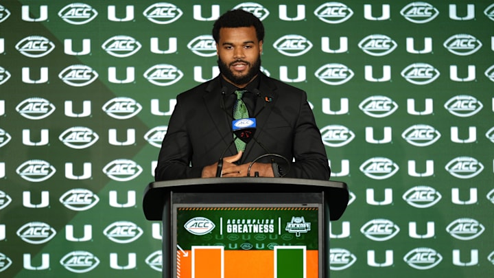 Jul 22, 2025; Charlotte, NC, USA; Miami defensive lineman Akheem Mesidor answers questions from the media during ACC Media Days at Hilton Charlotte Uptown. Mandatory Credit: Jim Dedmon-Imagn Images
