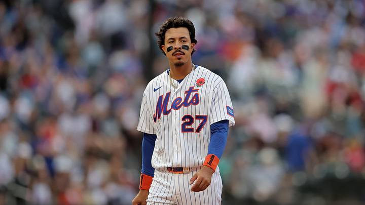 May 25, 2026; New York City, New York, USA; New York Mets first baseman Mark Vientos (27) reacts after the seventh inning against the Cincinnati Reds at Citi Field. Mandatory Credit: Brad Penner-Imagn Images