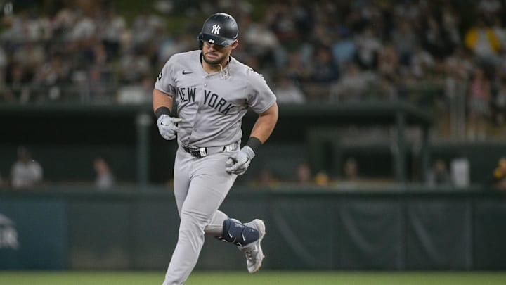 May 9, 2025; West Sacramento, California, USA; New York Yankees outfielder Jasson Domínguez (24) rounds the bases after hitting a grand slam against the Athletics during the eighth inning at Sutter Health Park. Mandatory Credit: Ed Szczepanski-Imagn Images