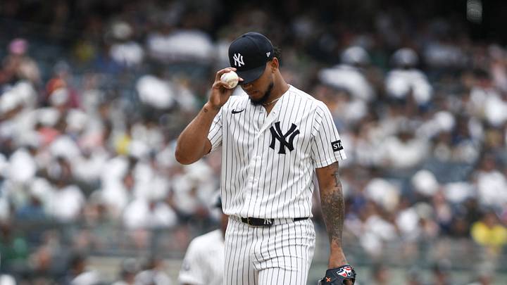 Bronx, New York, USA; New York Yankees pitcher Camilo Doval (75) reacts during the sixth inning against the Minnesota Twins at Yankee Stadium. Mandatory Credit: John Jones-Imagn Images