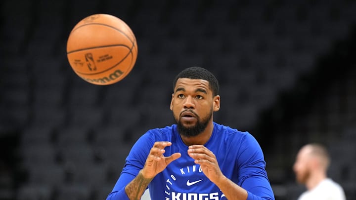 Nov 16, 2024; Sacramento, California, USA; Sacramento Kings guard Mason Jones (8) warms up before the game against the Utah Jazz at Golden 1 Center. Mandatory Credit: Darren Yamashita-Imagn Images
