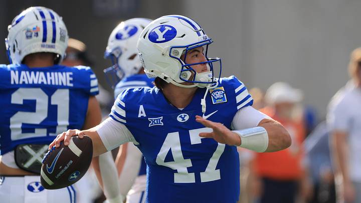 Dec 27, 2025; Orlando, FL, USA; BYU Cougars quarterback Bear Bachmeier (47) works out prior to the game against the Georgia Tech Yellow Jackets at Camping World Stadium. Mandatory Credit: Kim Klement Neitzel-Imagn Images Dec 27, 2025; Orlando, FL, USA; BYU Cougars quarterback Bear Bachmeier (47) works out prior to the game against the Georgia Tech Yellow Jackets at Camping World Stadium. Mandatory Credit: Kim Klement Neitzel-Imagn Images