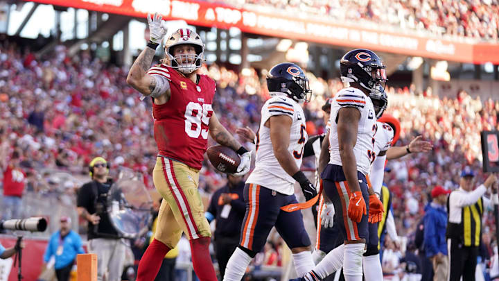 Dec 8, 2024; Santa Clara, California, USA; San Francisco 49ers tight end George Kittle (85) reacts after catching a pass for a first down against the Chicago Bears in the third quarter at Levi's Stadium. Mandatory Credit: Cary Edmondson-Imagn Images Dec 8, 2024; Santa Clara, California, USA; San Francisco 49ers tight end George Kittle (85) reacts after catching a pass for a first down against the Chicago Bears in the third quarter at Levi's Stadium. Mandatory Credit: Cary Edmondson-Imagn Images