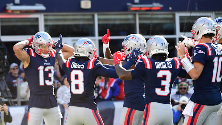 Oct 26, 2025; Foxborough, Massachusetts, USA;  New England Patriots wide receiver Stefon Diggs (8) celebrates scoring a touchdown  during the third quarter against the Cleveland Browns at Gillette Stadium. Mandatory Credit: Bob DeChiara-Imagn Images