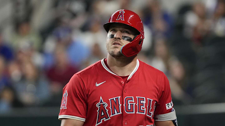 Apr 17, 2025; Arlington, Texas, USA; Los Angeles Angels right fielder Mike Trout (27) looks on after striking out against the Texas Rangers during the first inning at Globe Life Field. Mandatory Credit: Jim Cowsert-Imagn Images