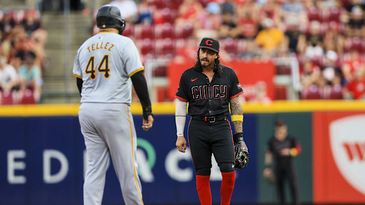 Cincinnati Reds second baseman Jonathan India (6) stands on the field with Pittsburgh Pirates first baseman Rowdy Tellez (44) during a stop in play in the third inning at Great American Ball Park in 2024. Cincinnati Reds second baseman Jonathan India (6) stands on the field with Pittsburgh Pirates first baseman Rowdy Tellez (44) during a stop in play in the third inning at Great American Ball Park in 2024.