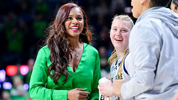 Mar 25, 2024; South Bend, Indiana, USA; Notre Dame Fighting Irish head coach Niele Ivey reacts in the second half against the Ole Miss Rebels in the NCAA Tournament second round game at the Purcell Pavilion. Mar 25, 2024; South Bend, Indiana, USA; Notre Dame Fighting Irish head coach Niele Ivey reacts in the second half against the Ole Miss Rebels in the NCAA Tournament second round game at the Purcell Pavilion.