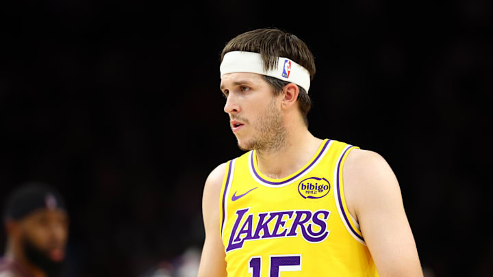 Dec. 23, 2025; Phoenix, Arizona, USA; Los Angeles Lakers guard Austin Reaves (15) against the Phoenix Suns at Mortgage Matchup Center.