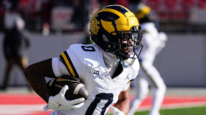 Michigan wide receiver Semaj Morgan (0) warm up before the game between Ohio State and Michigan at Ohio Stadium in Columbus, Ohio on Saturday, Nov. 30, 2024.